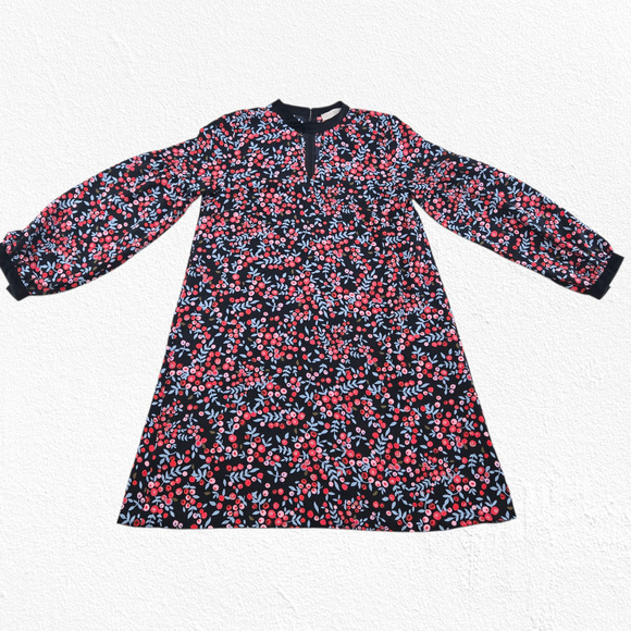 LOFT Black Floral Berry Print Velvet Collar Retro Knee Length Dress Size Small - Picture 2 of 12